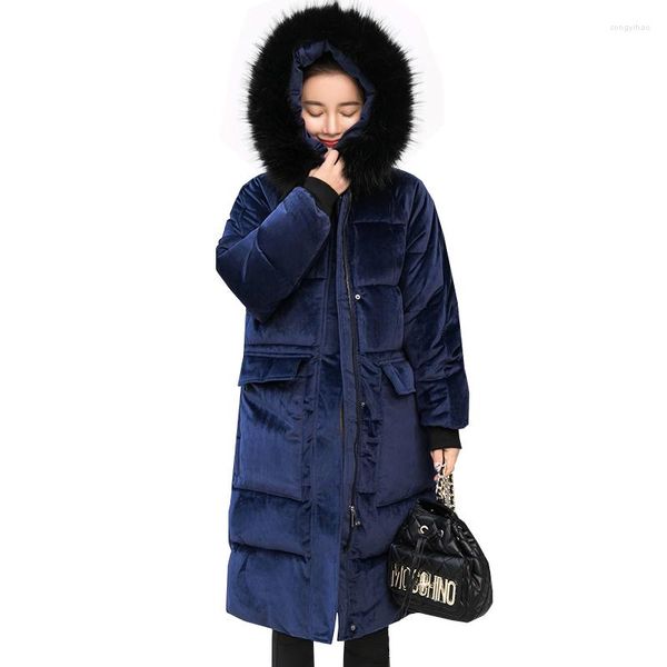 Mulheres Trench Coats Mulheres Inverno Longo Casaco Gola De Pele Com Capuz Parka Jaqueta Rosa Azul Preto Moda Casual Jaquetas Coreanas Feminino Sobretudo