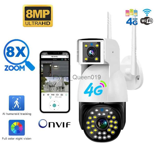 Obiettivo CCTV Telecamera 4K 8MP 4G Chip Sim Card Telecamera IP Monitor di rilevamento del movimento a doppia lente Telecamera di sorveglianza di sicurezza esterna a 360 gradi Wifi YQ230928