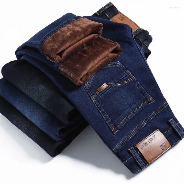 Erkek kot pantolon güzel kış erkekler sıcak ince fit iş moda kalınlaştırıcı denim pantolonlar polar streç marka pantolon siyah mavi