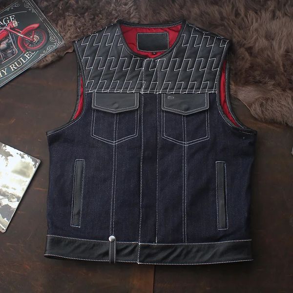 Gilet da uomo SOA Club Equitazione Biker Moto Gilet in pelle da uomo Vera pelle bovina Denim Patchwork Gilet senza maniche 230927