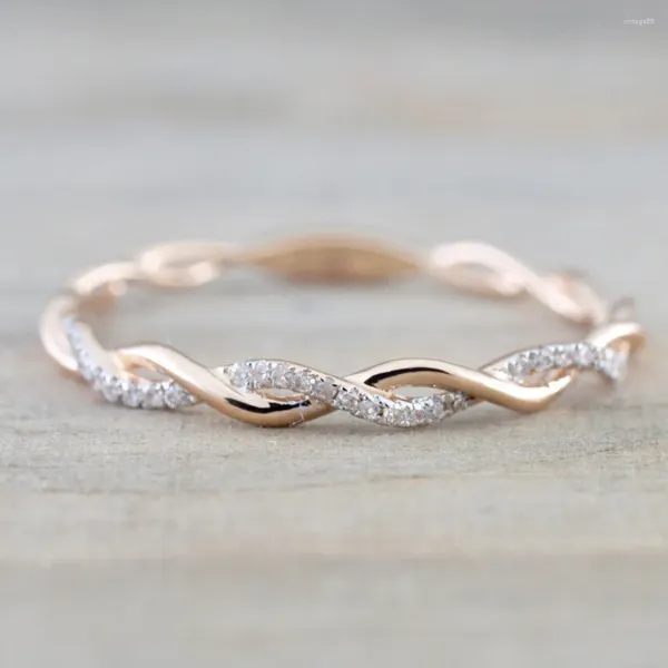 Anéis de cluster rosa cor de ouro torção clássica zircônia cúbica anel de noivado de casamento para mulheres meninas cristais austríacos presente bague femme