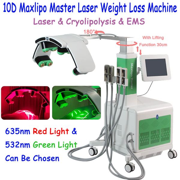 10D MAXlipo Master Laser Anti Celulite Máquina Red Green Light Cold Laser Therapy Fat Dissolve Lipolaser Slimming Beauty Equipment com 4 EMS Cryo Plates