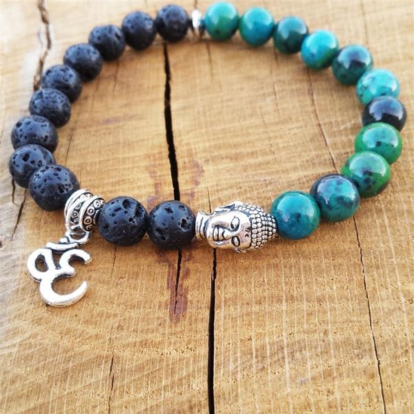 SN1097 Bracciale da uomo con perline Tierracast Buddha Yoga Bracciale con ciondolo Ohm Bracciale con lava nera e turchese 2608