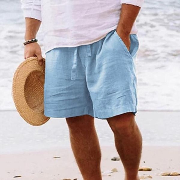 Мужские шорты из хлопка и льна, летние пляжные брюки на шнурке, спортивные дышащие однотонные брюки, повседневная уличная одежда для фитнеса