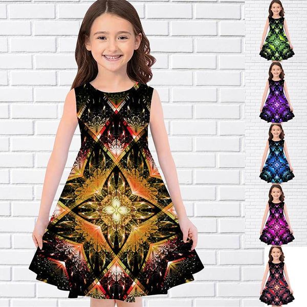 Vestidos de menina 2023 verão 3d impressão crianças festa sem mangas vestido de princesa tanque bonito simetria geométrica flor