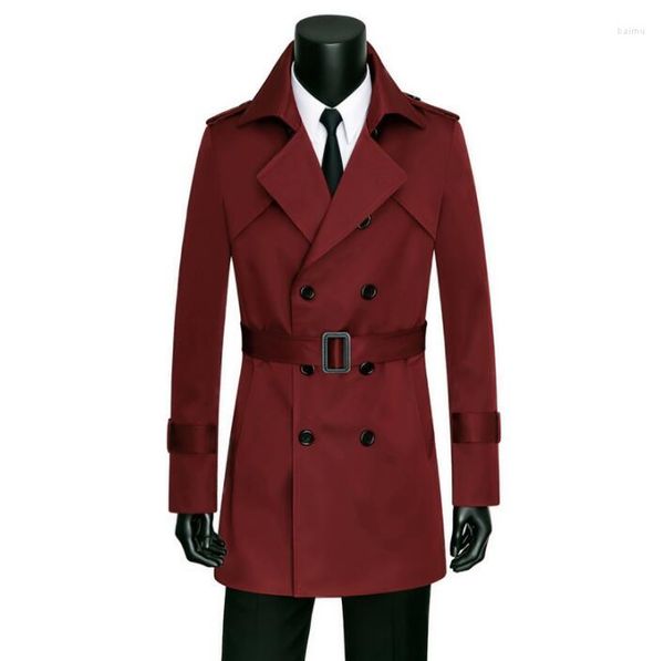 Herren Trenchcoats Business Frühling Slim Sexy Mantel Herren Casual Mantel Langarm Männer Zweireiher Kleidung Oberbekleidung Herbst Weinrot 89