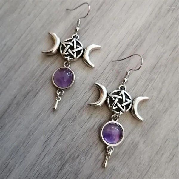 Orecchini pendenti Pentagramma Tripla luna Pietra viola Naturale Wicca Strega Strega Splendido semplice gotico Moda donna regalo 2023