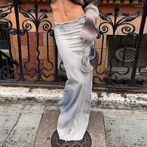 Gonne Elegante Lady Retro Vita bassa con spacco posteriore Gonna lunga a tubino anni '90 Vintage Tie Dye Lavato Stampa Denim Chic Donna Streetwear