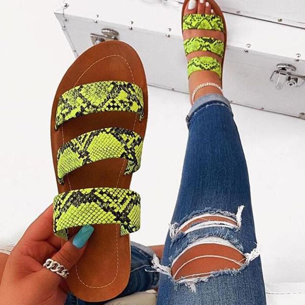 Hausschuhe Sommer Frauen Schuhe Snake Print Flache Sandalen Plus Größe Mode PU Leder Outdoor Rutschen Strand Weibliche Pantoffel