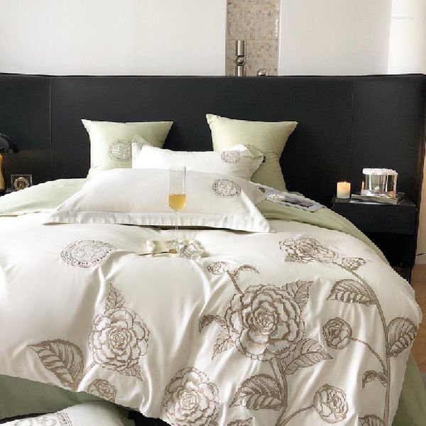 Bettwäsche-Sets, französisches Herrenhaus, eleganter Stil, bestickter Baumwoll-Bettbezug, Bettlaken, schlicht und leicht, luxuriös