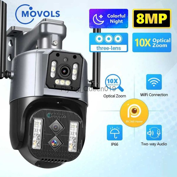 Lente CCTV MOVOLS 8MP Três Lentes WIFI Câmera IP 10X Zoom Óptico Ao Ar Livre PTZ Auto Rastreamento Câmera de Vigilância CCTV de Segurança À Prova D 'Água YQ230928