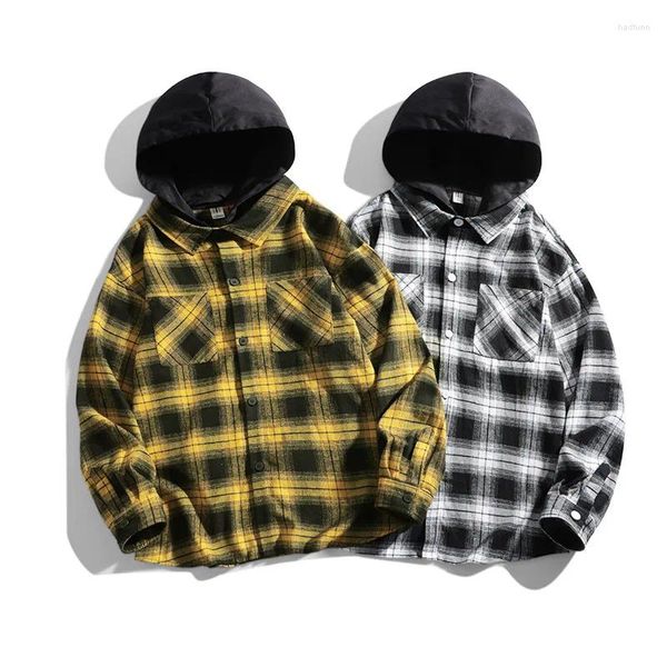 Herren Hoodies 2023 Herbst High Street Colorblock Plaid Flanell Kapuzenjacke Social Club Outfits Jaqueta Masculina Schwarz Gelb