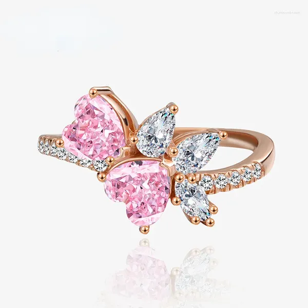 Cluster-Ringe 2023 Herzförmiger High-Carbon-Diamantring Unregelmäßiger rosafarbener Roségold S925 Sterling Silber Weiblicher High-End-Schmuck