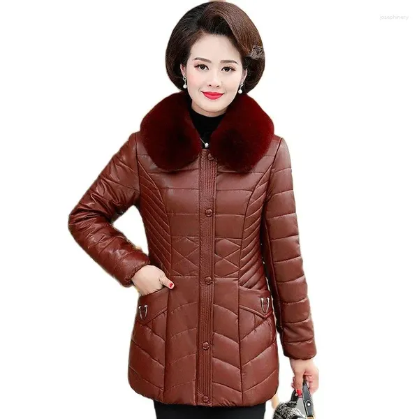 Casaco de pele de inverno da mãe de couro feminino jaqueta de algodão acolchoada jaqueta de moda longa e de meia-idade em
