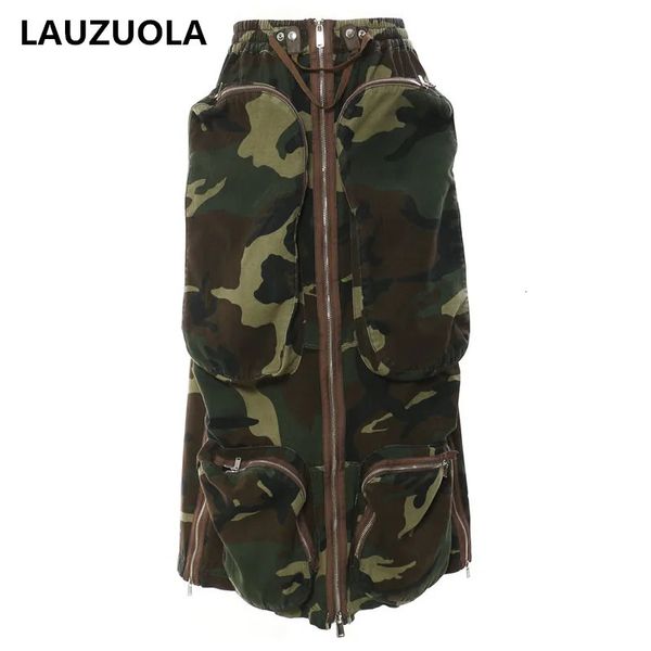 Vestido de duas peças camuflagem saia de carga moda elegante streetwear cordão multi bolso zíper vestido longo saias 230927