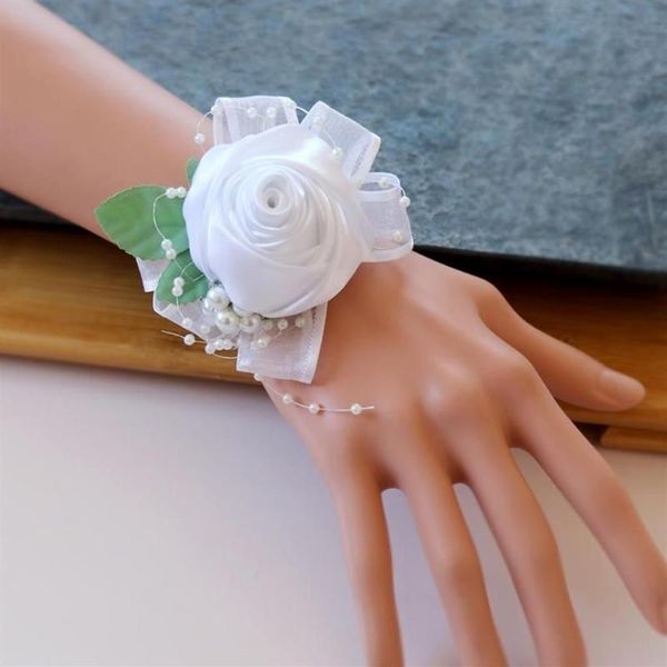 Lindo pulso corsage nupcial dama de honra pérolas folhas elástico pulseira casamento baile festa rosa mão flor 8x6x4 cm295l