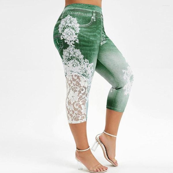 Calças ativas leggings mulheres tamanho grande collants rendas impressão splice moda cintura elástica casual capris yoga esporte leggins mujer