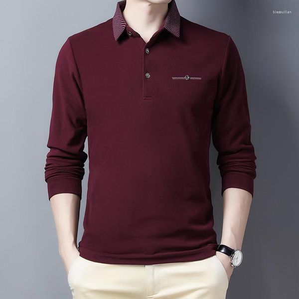 Herren Polos Weinrotes Poloshirt für Männer Langarm Herbst und Frühling Kragen Feste beiläufige koreanische Modekleidung