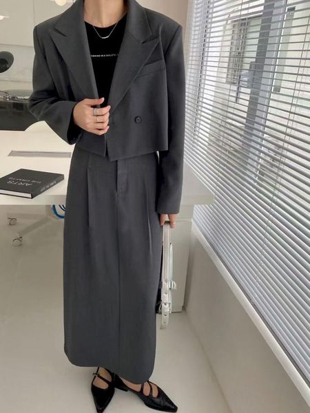 Vestido de duas peças insozkdg outono inverno conjunto mulheres coreano manga longa blazer cintura alta divisão meia saia a-line