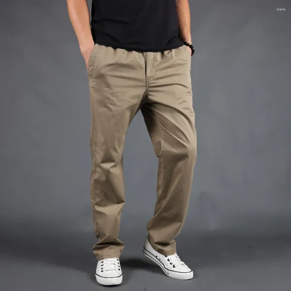 Мужские брюки, мужские однотонные повседневные утолщенные прямые комбинезоны из чистого хлопка, мужские брендовые рабочие брюки цвета хаки, большие размеры, эластичные брюки