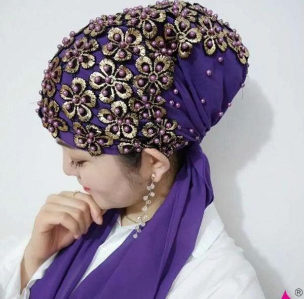 Bandanas Durag Shiny Frauen Schönheit Floral Gold Pailletten Schal Schal Perlen Arabische Islamische Hochzeit Mode Hijab Chiffon Party Kopftuch Kopf Wrap 230927