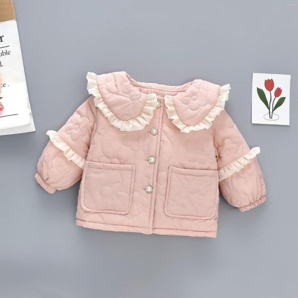 Daunenmantel Parkas Mäntel Wintersaison Mädchen Baumwolle Kinderkleidung Blumenrand Wendekragen Doppeltaschen Knopf Plüsch