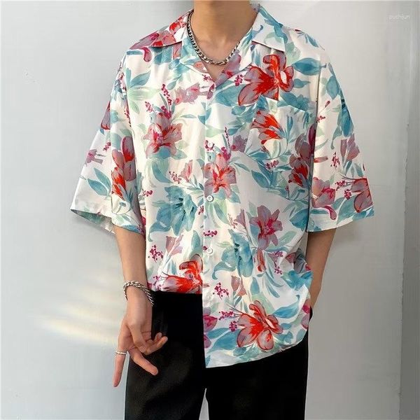 Camicie casual da uomo 2023 Parti superiori estive Stampa floreale di moda Manica corta Risvolto Camicia hawaiana sottile Costumi da bagno da viaggio per uomo