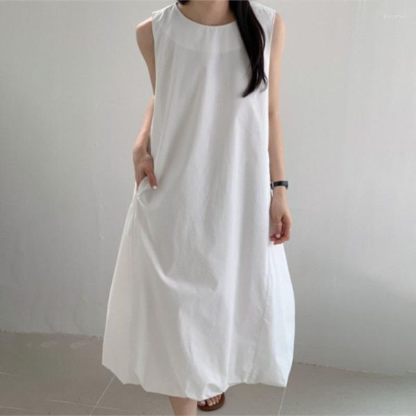 Vestidos casuais verão mulheres 2023 simples cor sólida sem mangas vestidos estilo coreano solto vestido de comprimento médio