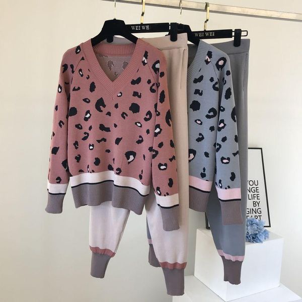 Pantaloni a due pezzi da donna 2 pezzi Set di maglieria da donna Abiti maglione allentato Manica lunga Scollo a V Leopardato Top lavorato a maglia Capispalla Pantaloni a matita