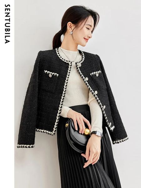 Mulheres misturas de lã SENTUBILA outono inverno preto casaco de lã reto contraste em torno do pescoço jaqueta de tweed para mulheres elegantes outerwear 133W50033 230927