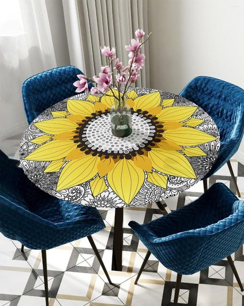 Tischdecke, Sonnenblumen-Mandala, schwarz-weiß, rund, elastisch, mit Kanten, wasserdicht, rechteckig, aus Polyester