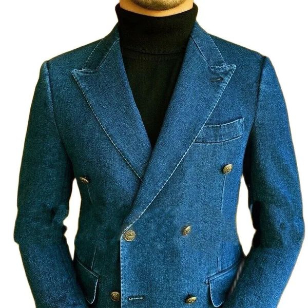 Ternos masculinos blazers negócios sob medida ternos masculinos 2 peças jaquetas masculinas com jeans casuais casacos de algodão calças cowboy baile de formatura blazer masculino conjunto 230927