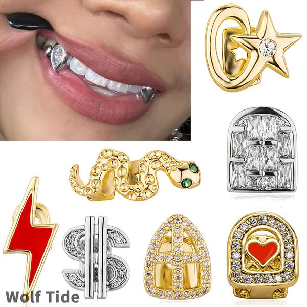 18K Altın Tek Grillz Diş Pişirek Hip Hop Buzlu Kübik Zirkonya Pentagram Dişleri Diş Ağız Diş Fang Izgaralar Diş Kapağı Cadılar Bayramı Partisi Vampir Rapçi Vücut Takı Toptan