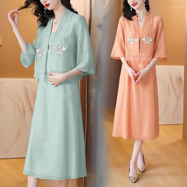 Vestidos de trabalho 2023 bordado terno vestido fino verão estilo chinês feminino conjunto de duas peças moda elegante topos e roupas z1752