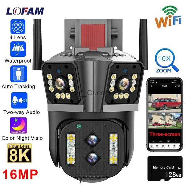 Lente CCTV 8K 16MP Câmera WIFI 4 Lente 3 Tela PTZ 10X Zoom Áudio bidirecional Cor Visão noturna Ao ar livre Casa CCTV Câmera de vigilância sem fio YQ230928