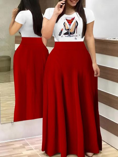 Vestidos de festa verão commuter digital impresso vestido longo elegante feminino fino ajuste em torno do pescoço manga curta vermelho salto alto