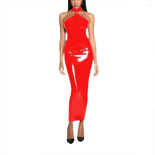 Vestidos casuais elegantes senhoras slim fit longo lápis vestido sexy brilhante pvc halter pescoço sem costas vestido de festa fetiche wetlook strapless