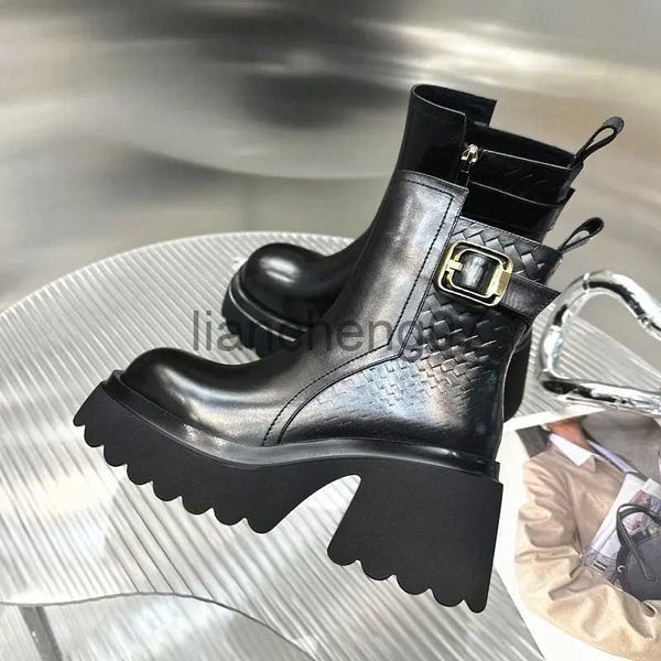 Botas 2023 Design Mulheres Ankle Boots Side Zipper Botas de Couro Preto Mulheres Chunky Heel Plataforma Chelsea Botas Inverno Sapatos Goth Sapatos X0928