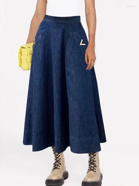 Юбки Ретро джинсовая длинная юбка трапециевидной формы с высокой талией, весенне-летняя модная женская мода с зонтиком и декоративным карманом, 2023, большие качели