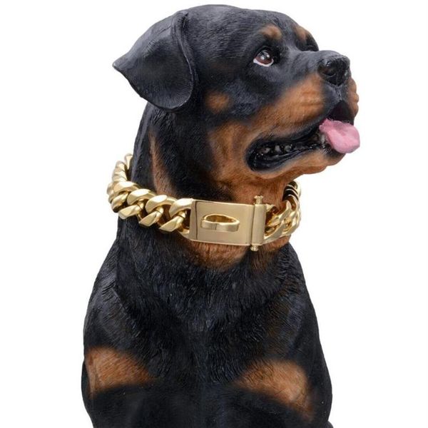Ketten 19mm Gold Halsband Halskette für Haustier Hund Starke Edelstahl Metallglieder Slip Chain Training Große Rassen-Rottweiler2508