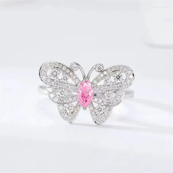 Anéis de casamento Coreia do Sul Cristal Rosa Oco Cheio de Diamante Borboleta Anel Aberto High-End Requintado 925 Prata Esterlina Presente Namorada