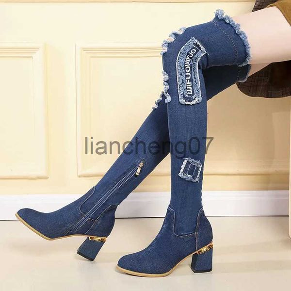 Stiefel Damen Denim Stiefel über dem Knie Spitzschuh Dicke High Heels Schuhe Frau Casual Quaste Cut Out Jeans Lange Botas Mujer x0928