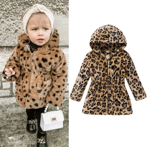 Jaquetas Novo Inverno Bebê Meninas Roupas Faux Fur Fleece Casaco Quente Jaqueta Leopardo Cintura Elástica Com Capuz Outerwear 230928