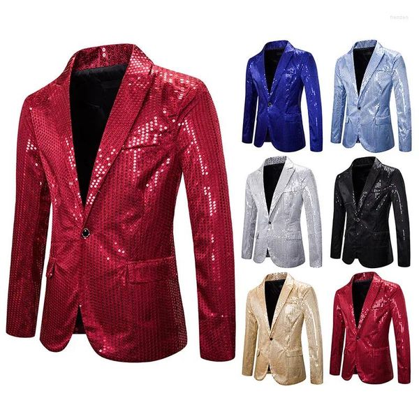 Abiti da uomo LUCLESAM Abito da uomo con risvolto con paillettes Abito da prestazione slim fit Blazer alla moda Night Club Giacca da uomo con un bottone Lucido