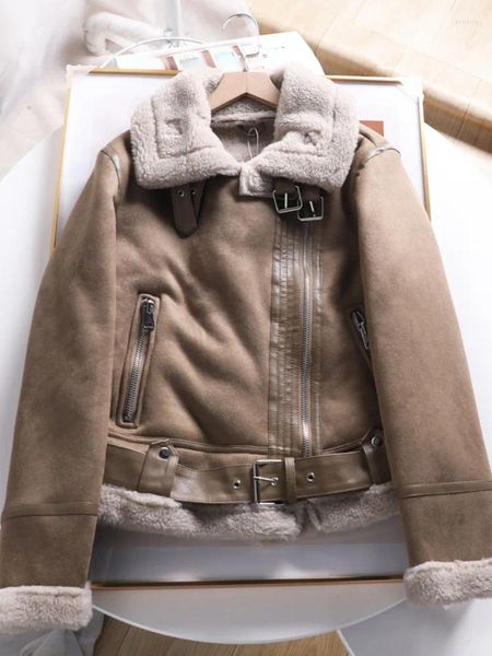 Couro feminino ftlzz outono inverno feminino vintage lapela falso shearling casaco de pele de carneiro senhora streetwear grosso quente camurça jaqueta de cordeiro com cinto