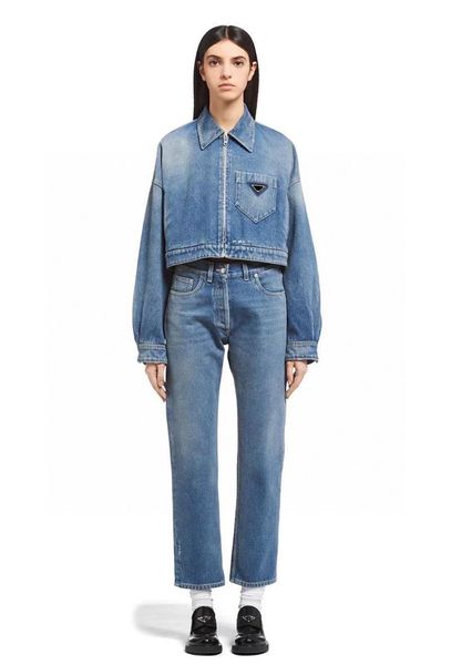 2023 donne giacche di jeans stile sottile giù parka per la signora con la lettera cerniere pulsante Budge primavera autunno cappotto jeans giacca moda denim maniche lunghe cappotti corti S-L