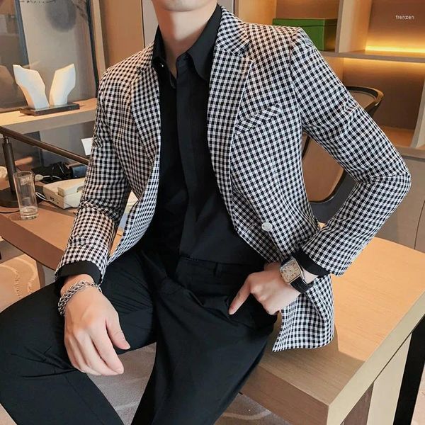 Ternos masculinos estilo britânico outono blazer xadrez 2023 fino ajuste casual terno jaqueta negócios social vestido de casamento casaco streetwear traje
