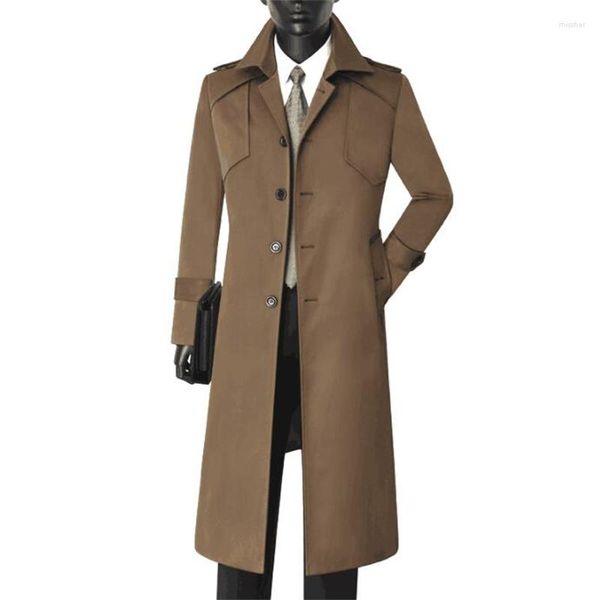 Trench da uomo Giacca a vento Lungo stile coreano Slim bavero sopra il ginocchio Primavera Autunno Giacca monopetto casual da lavoro marrone