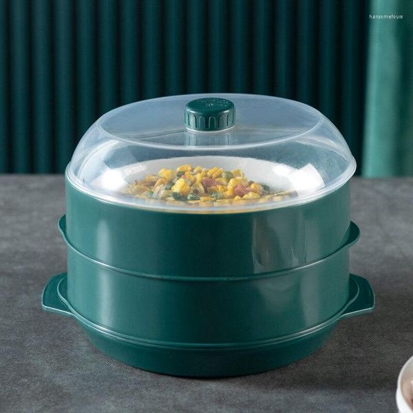 Caldeiras duplas verde escuro camada de vaporizador de micro-ondas caixa de plástico com fita de calor extra lidsteamer containerwarming prato capa