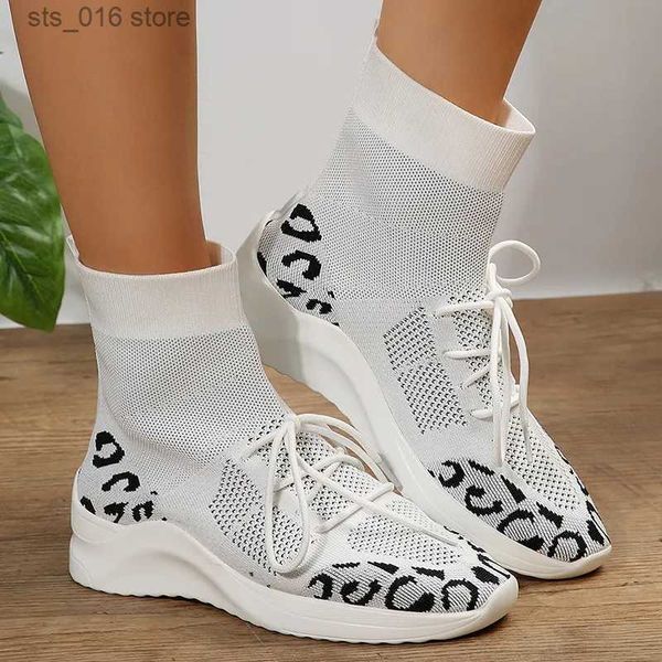 Scarpe eleganti Leopard Knit Sock Sneakers Donna 2023 Autunno High Top Lace Up Scarpe basse Donna Super Size 43 Scarpe casual traspiranti antiscivolo T230928